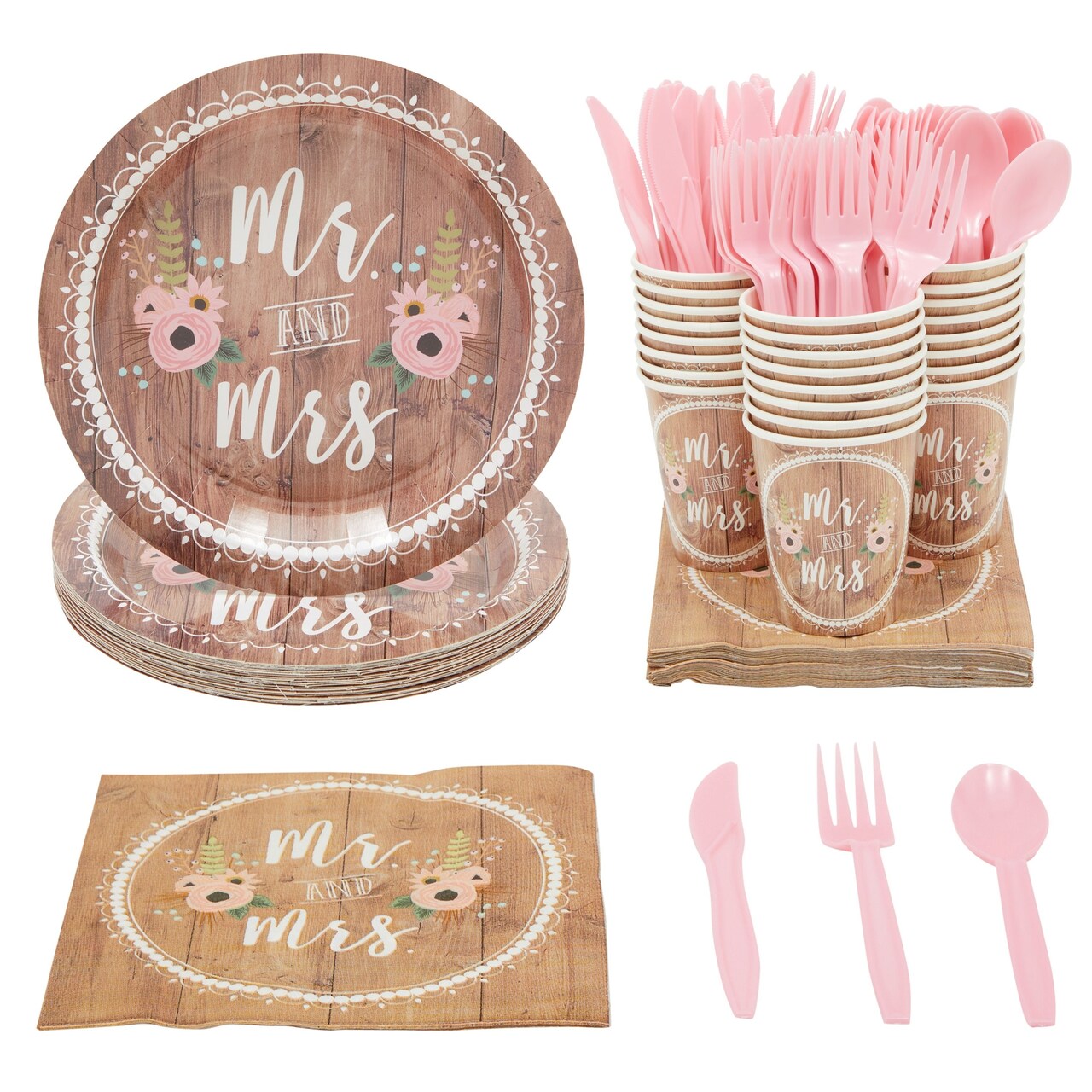 144 Pc Disposable Wedding Dinnerware Mr and Mrs Napkins Paper